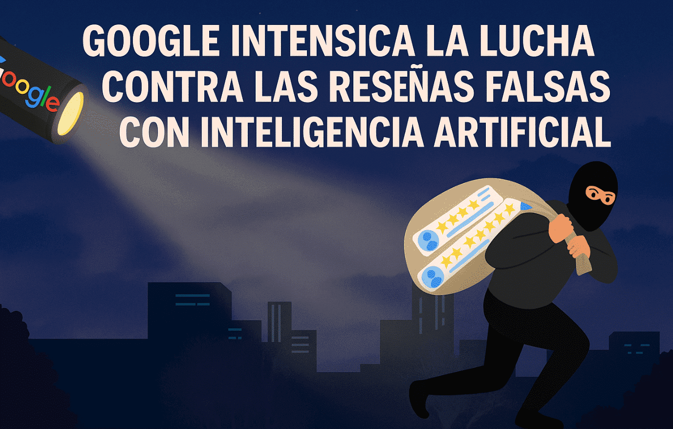 Ilustración nocturna de un ladrón huyendo con reseñas falsas mientras un foco con el logo de Google lo ilumina.