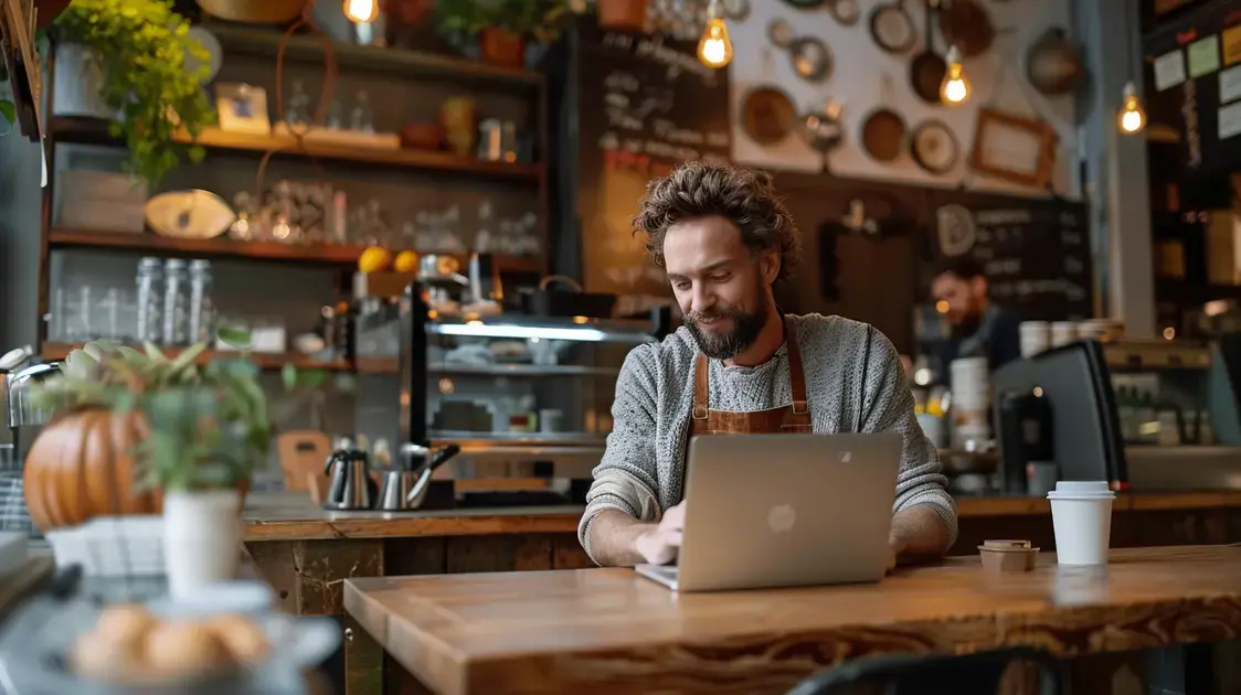 Hombre joven trabajando en su portátil en una cafetería mientras optimiza su SEO local.